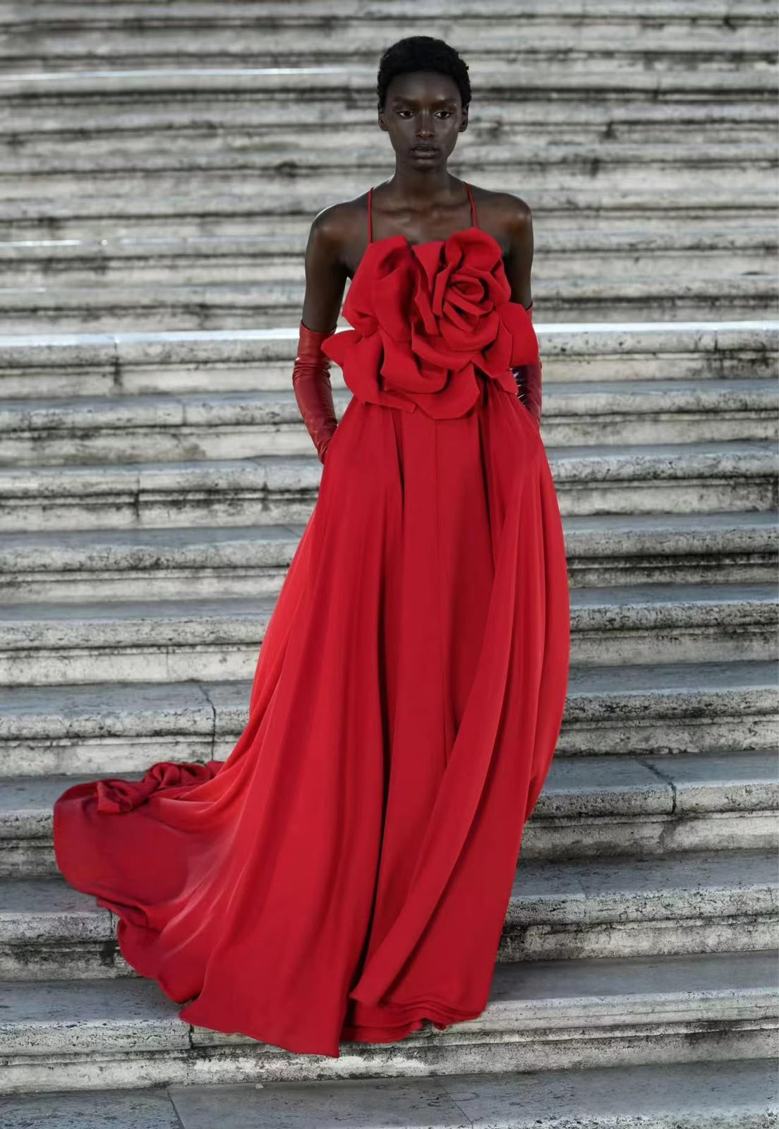 Red Statement Maxi Dress with Giant 3D Floral Accent
