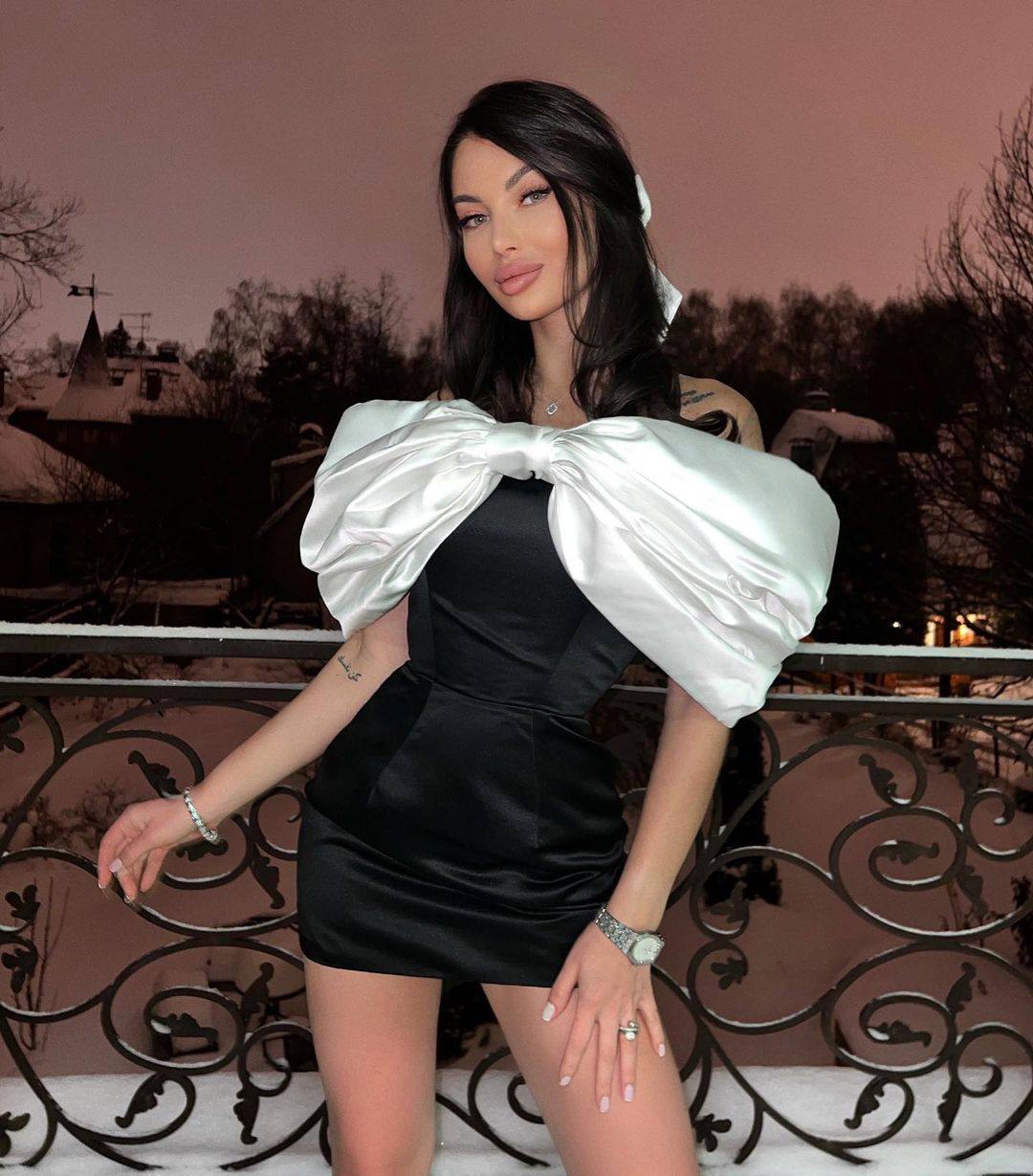 Satin White Bow Off-Shoulder Black Mini Dress