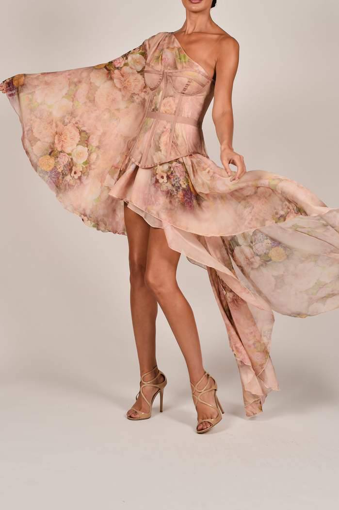 One Shoulder Rose Silk Printed Dress