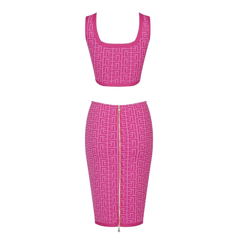Geometric Jacquard Print Crop Top and Skirt Set In Pink