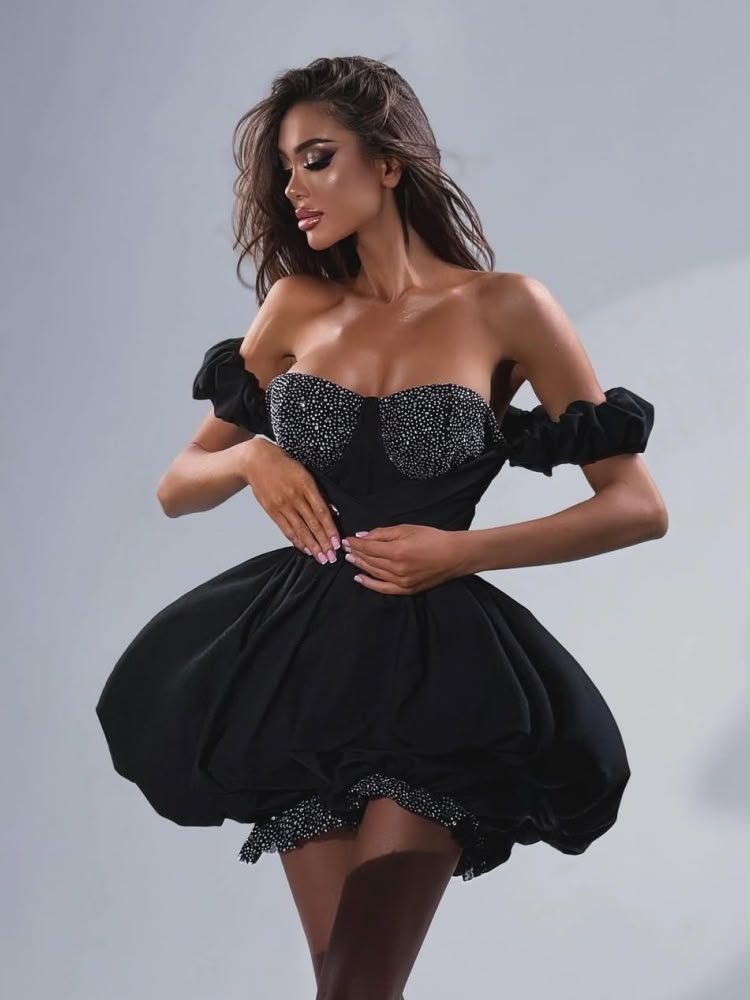 Black Crystal Bustier Bubble Hem Dress