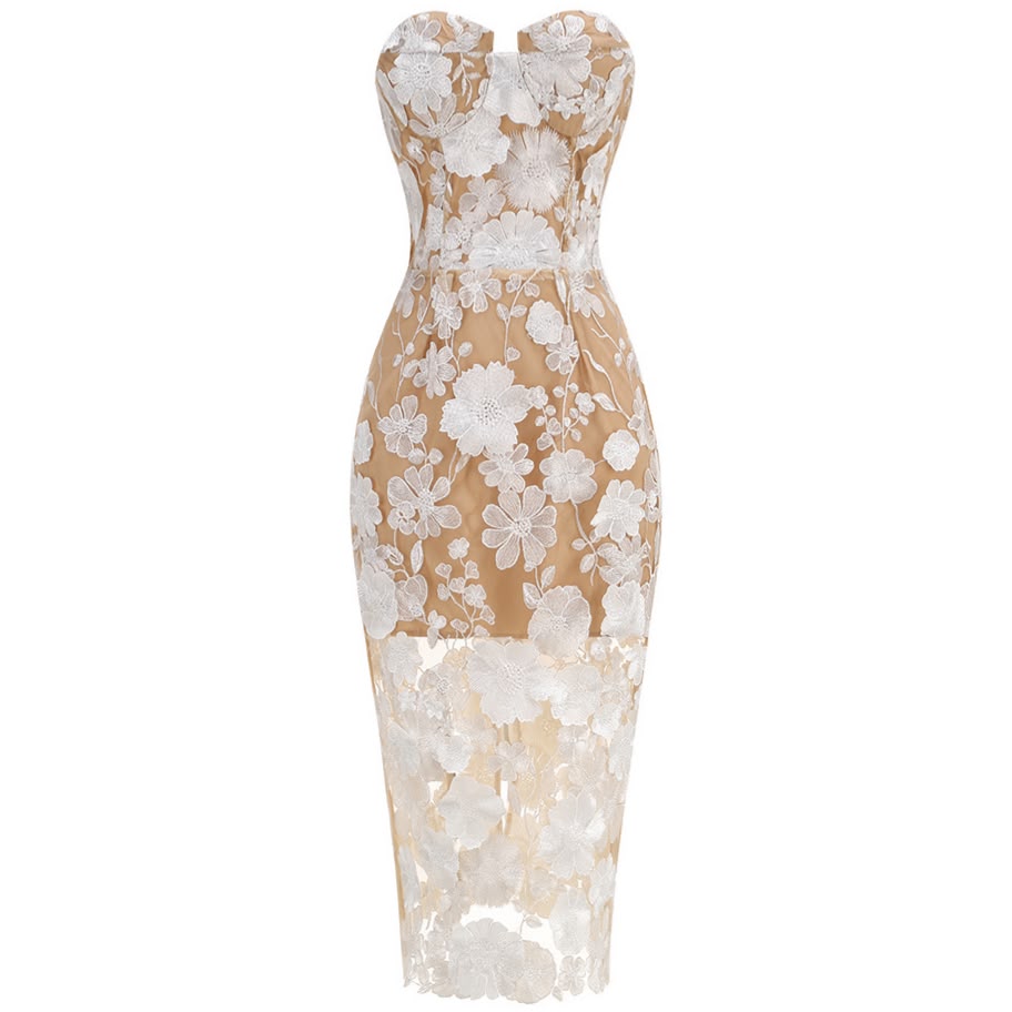 White Floral Lace Illusion Midi Dress