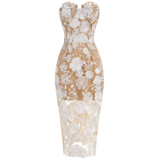White Floral Lace Illusion Midi Dress