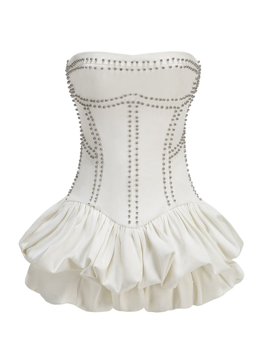 White Rhinestone Embellished Bubble Hem Dress