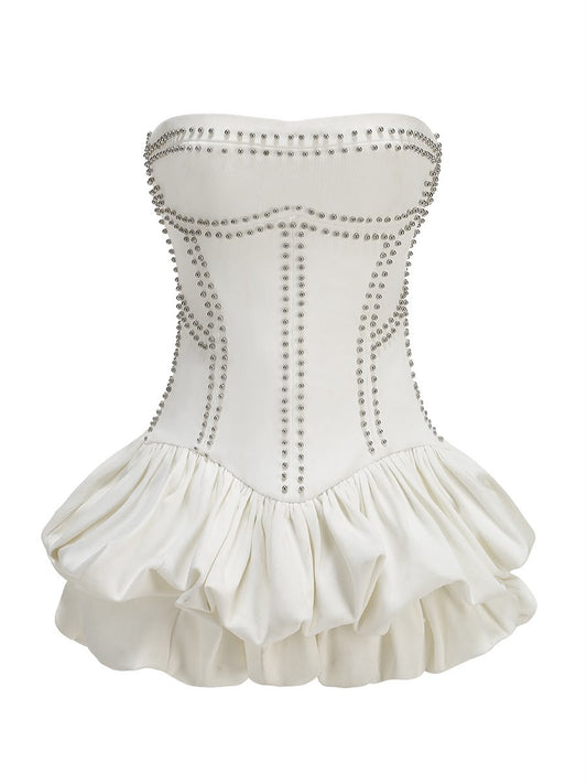 White Rhinestone Embellished Bubble Hem Dress