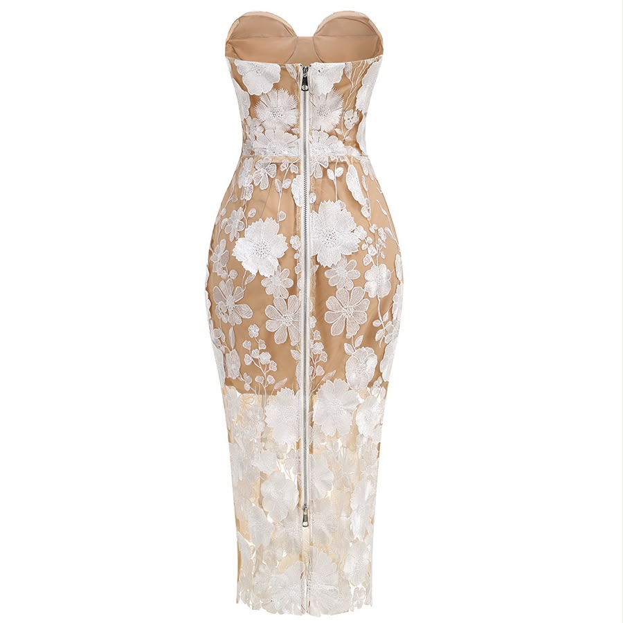 White Floral Lace Illusion Midi Dress