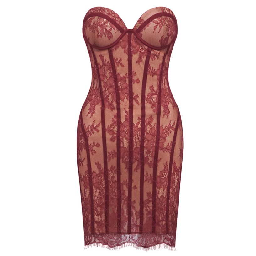 Maroon Floral Lace Corset Mini Dress
