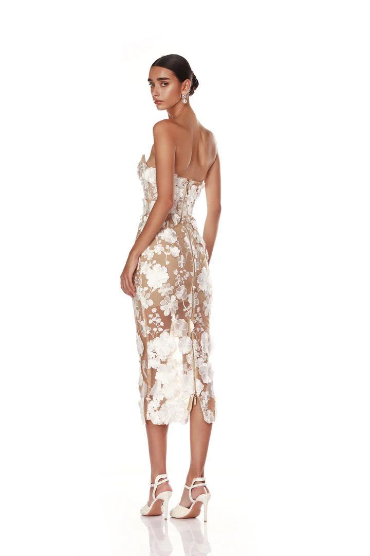 White Floral Lace Illusion Midi Dress