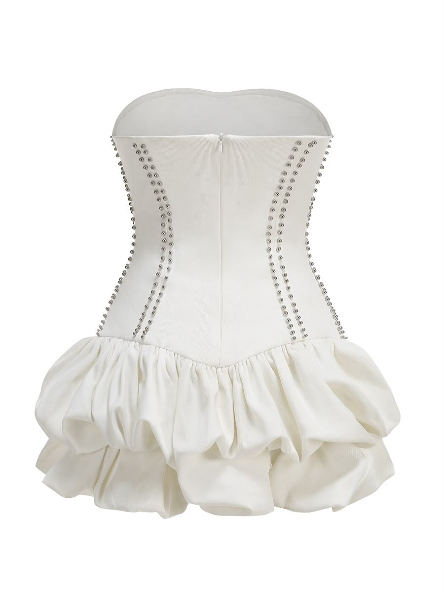 White Rhinestone Embellished Bubble Hem Dress