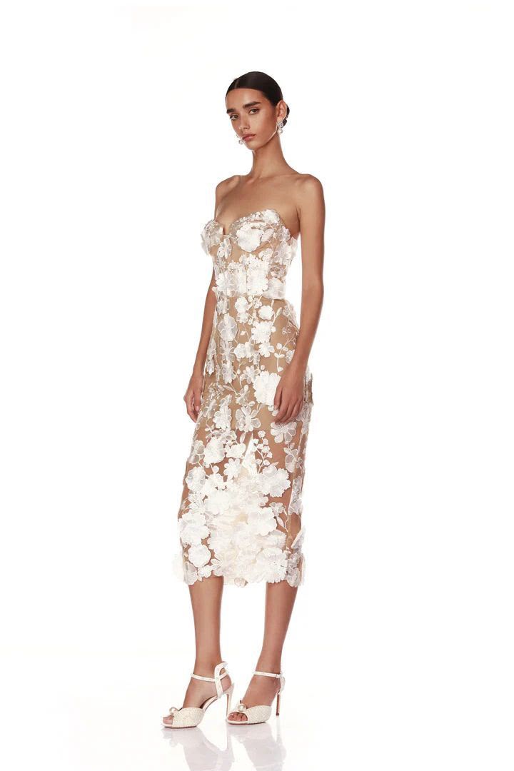 White Floral Lace Illusion Midi Dress