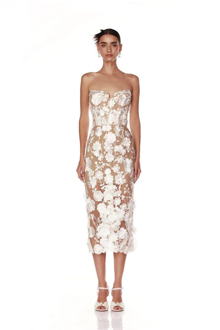 White Floral Lace Illusion Midi Dress