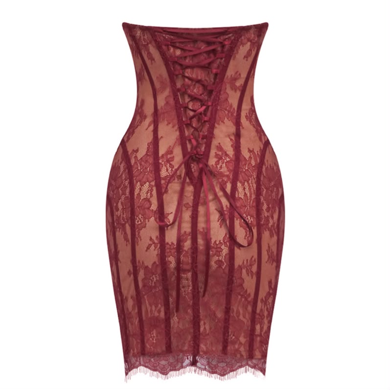 Maroon Floral Lace Corset Mini Dress