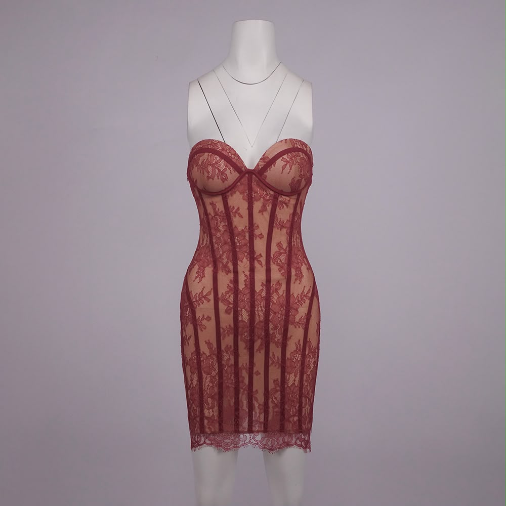 Maroon Floral Lace Corset Mini Dress