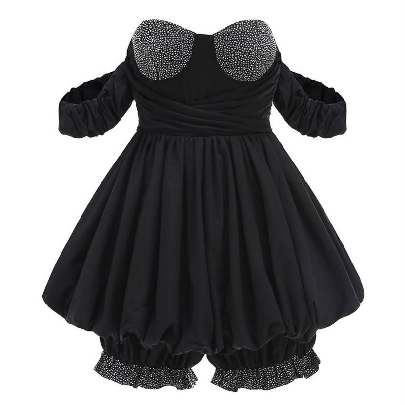 Black Crystal Bustier Bubble Hem Dress