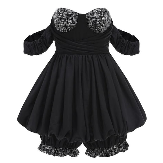 Black Crystal Bustier Bubble Hem Dress