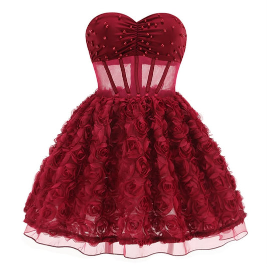 Maroon Rosette Textured Cocktail Dress