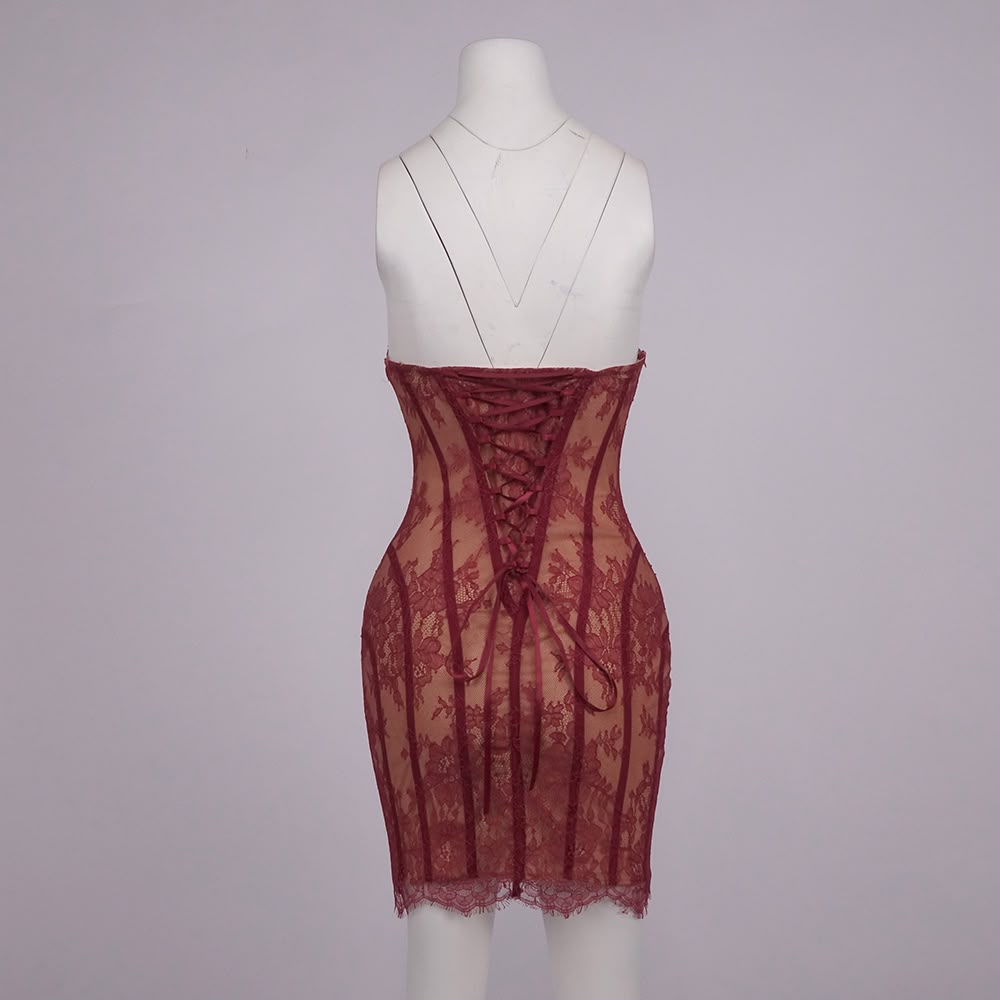 Maroon Floral Lace Corset Mini Dress