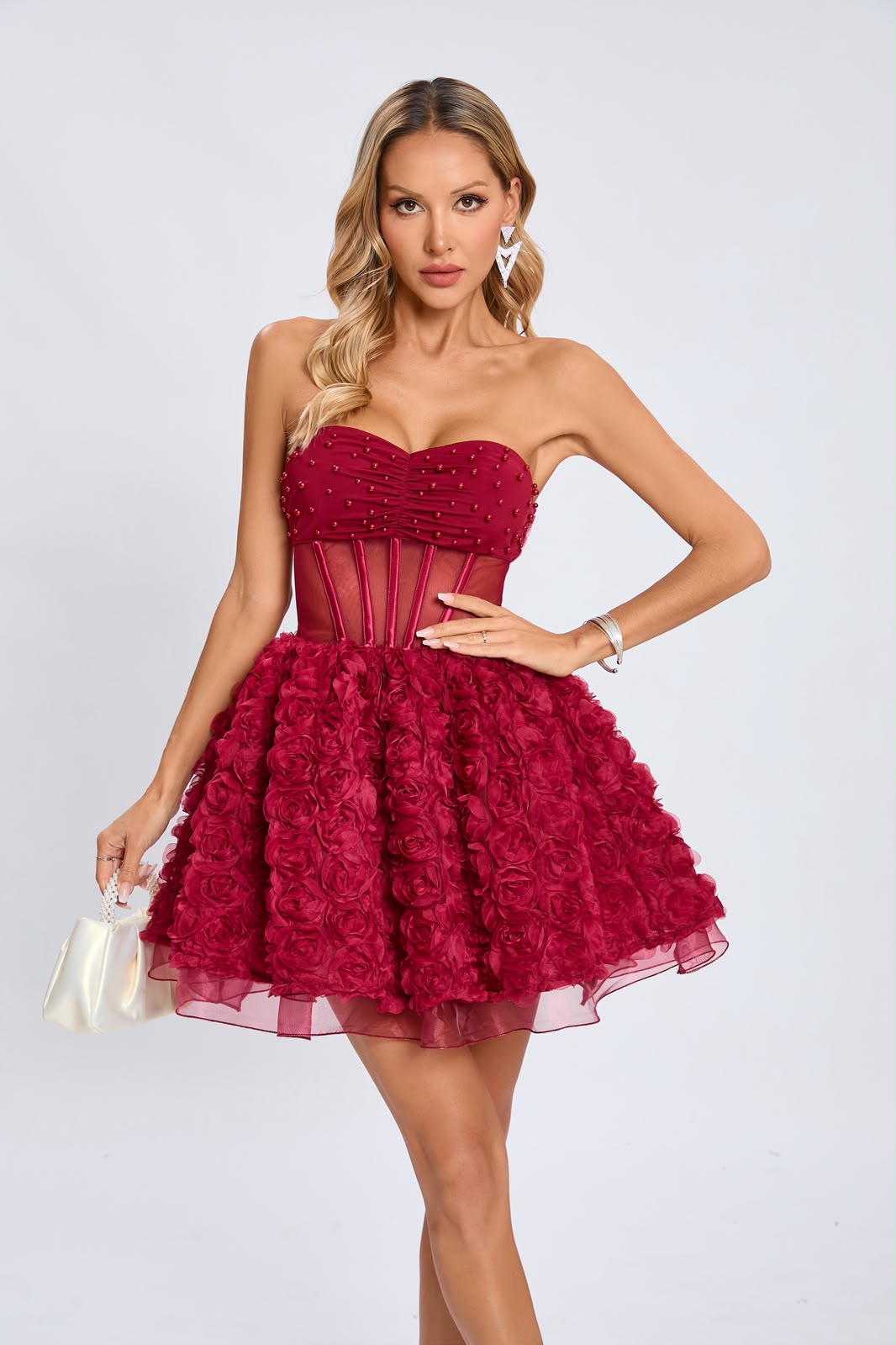 Maroon Rosette Textured Cocktail Dress