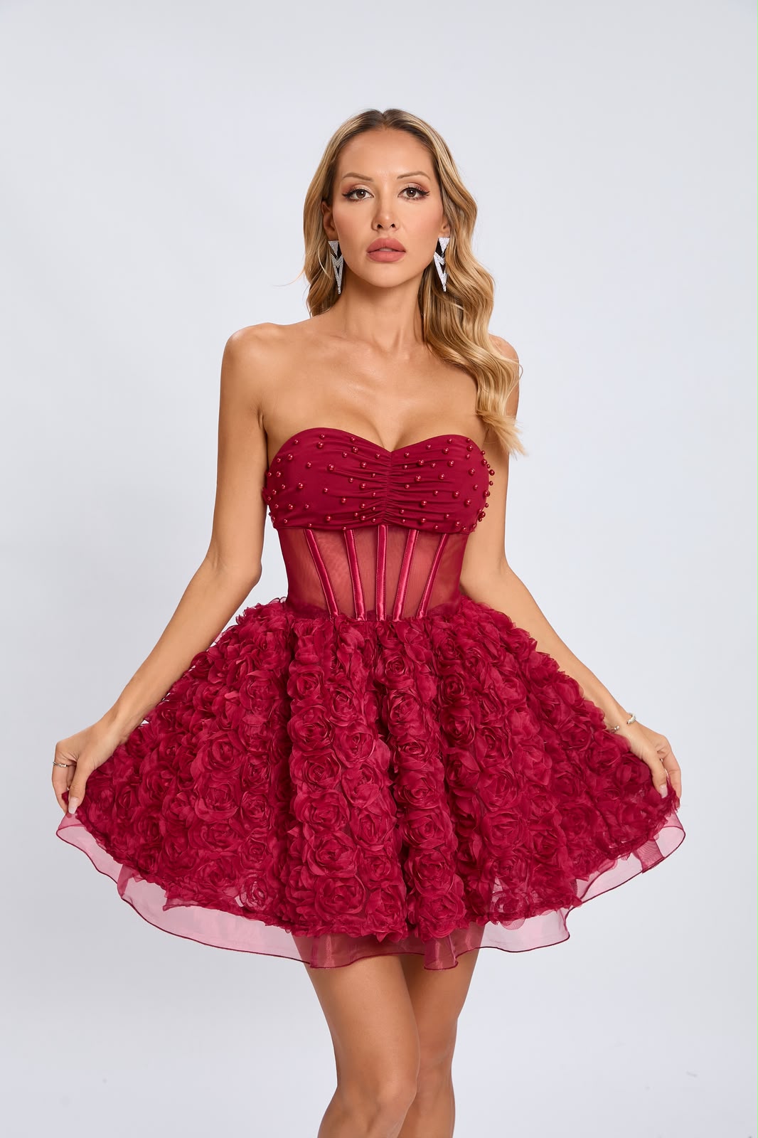 Maroon Rosette Textured Cocktail Dress