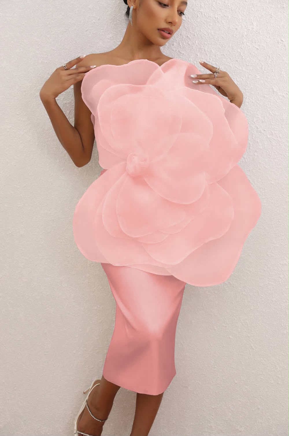 Pink One-Shoulder Structural Ruffle Dress