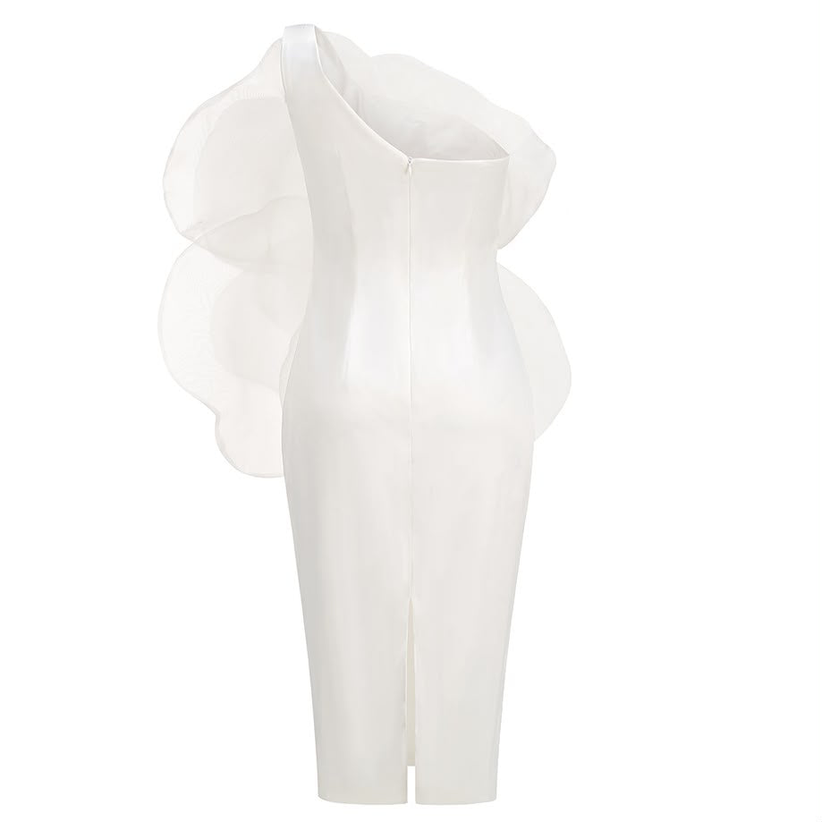 White One-Shoulder Structural Ruffle Dress