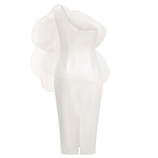 White One-Shoulder Structural Ruffle Dress