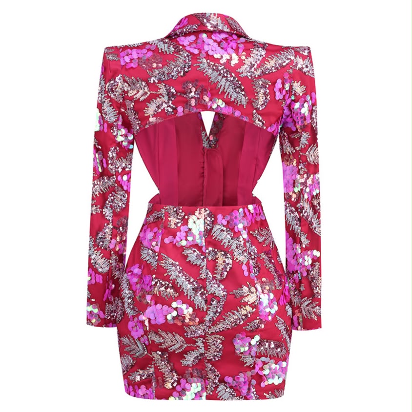 Red Sequin Floral Cutout Blazer Dress