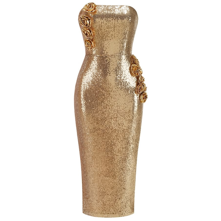 Gold Sequin Midi Dress with 3D Rosettes