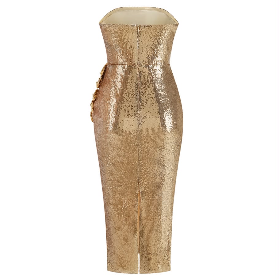 Gold Sequin Midi Dress with 3D Rosettes