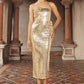 Gold Sequin Midi Dress with 3D Rosettes