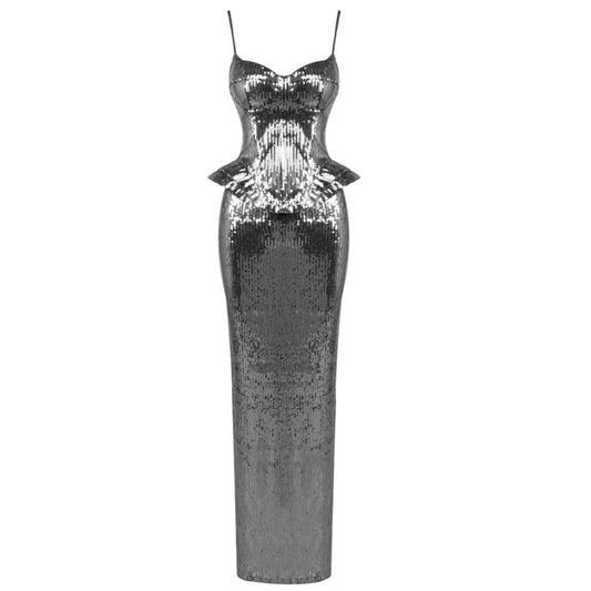 Silver Sequin Peplum Gown with Spaghetti Straps