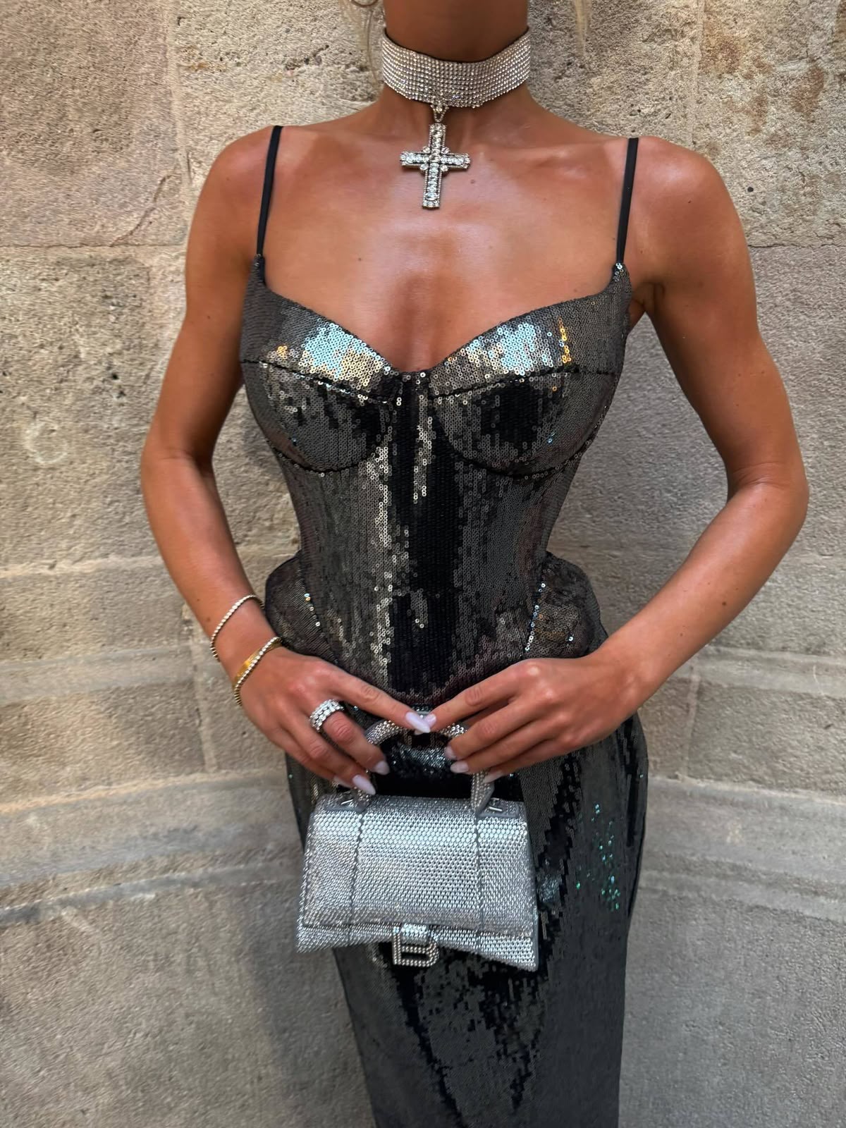 Silver Sequin Peplum Gown with Spaghetti Straps