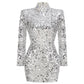 Silver Sequin Long-Sleeve Turtleneck Mini Dress