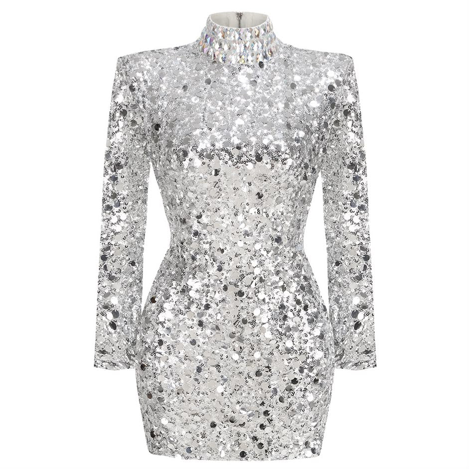 Silver Sequin Long-Sleeve Turtleneck Mini Dress
