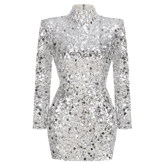 Silver Sequin Long-Sleeve Turtleneck Mini Dress
