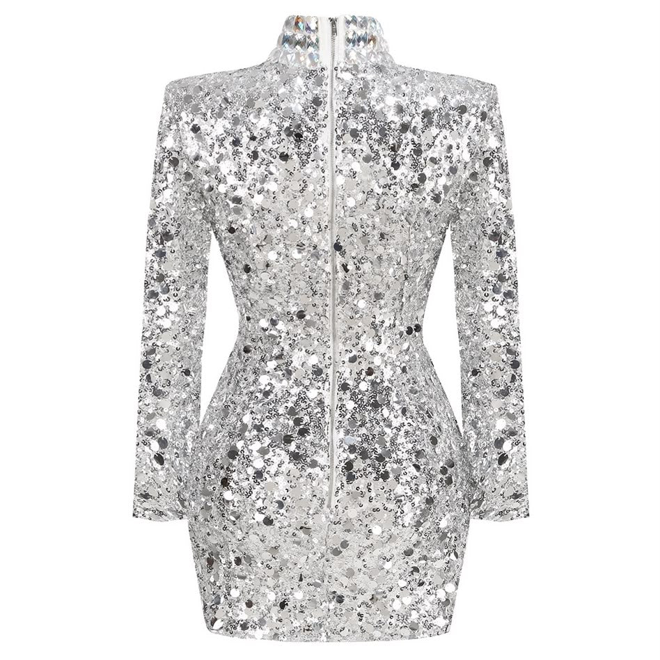 Silver Sequin Long-Sleeve Turtleneck Mini Dress