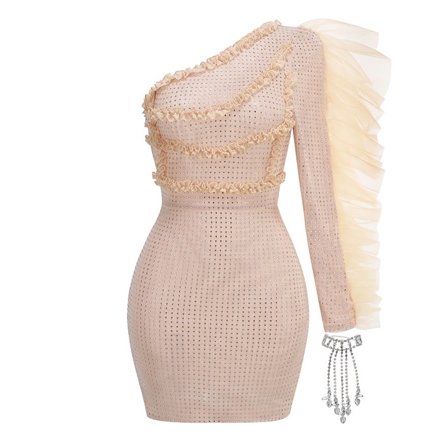 Beige Rhinestone One-Shoulder Ruffle Mini Dress