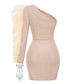 Beige Rhinestone One-Shoulder Ruffle Mini Dress