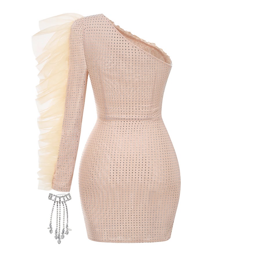 Beige Rhinestone One-Shoulder Ruffle Mini Dress