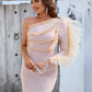 Beige Rhinestone One-Shoulder Ruffle Mini Dress