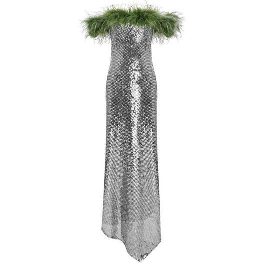 Silver Sequin Midi Dress with Green Feather Trim