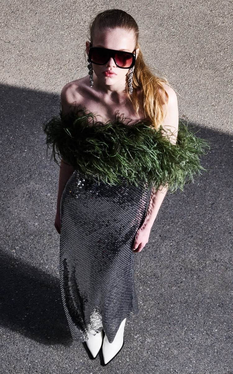 Silver Sequin Midi Dress with Green Feather Trim