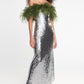 Silver Sequin Midi Dress with Green Feather Trim