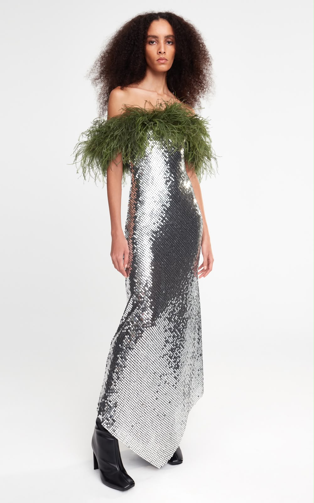 Silver Sequin Midi Dress with Green Feather Trim
