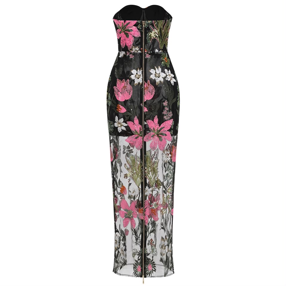 Black Floral Embroidered Sheer Bustier Gown