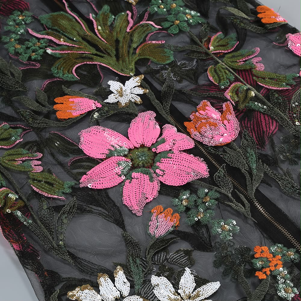 Black Floral Embroidered Sheer Bustier Gown