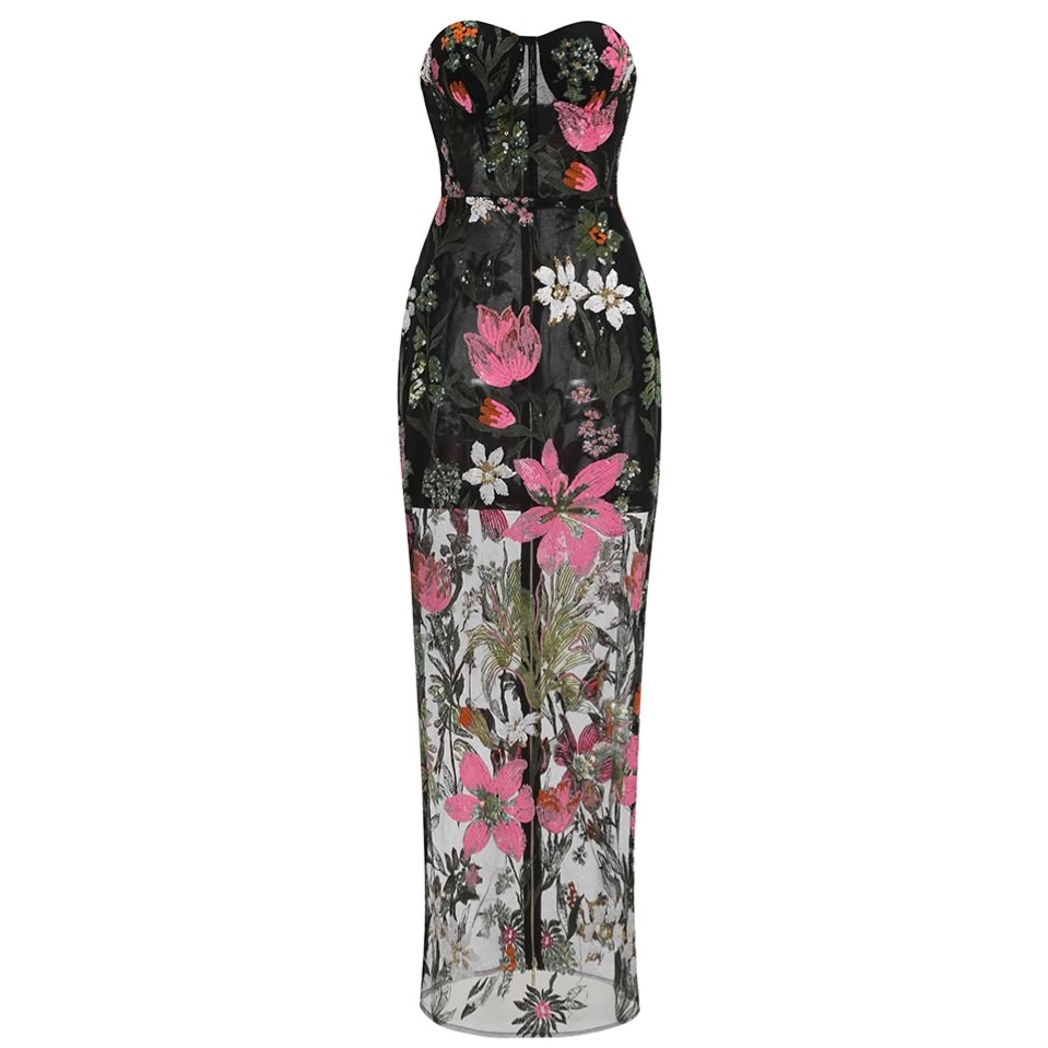 Black Floral Embroidered Sheer Bustier Gown