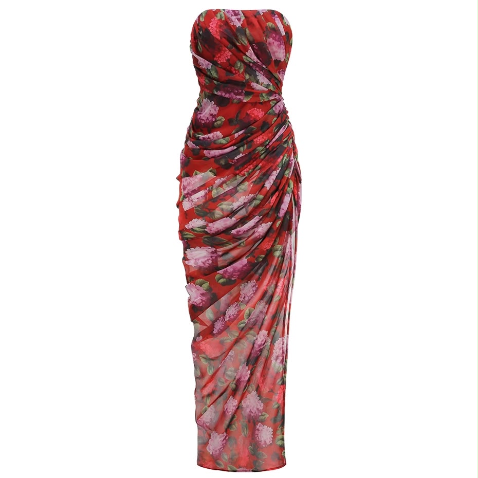 Red Floral Ruched Strapless Maxi Dress