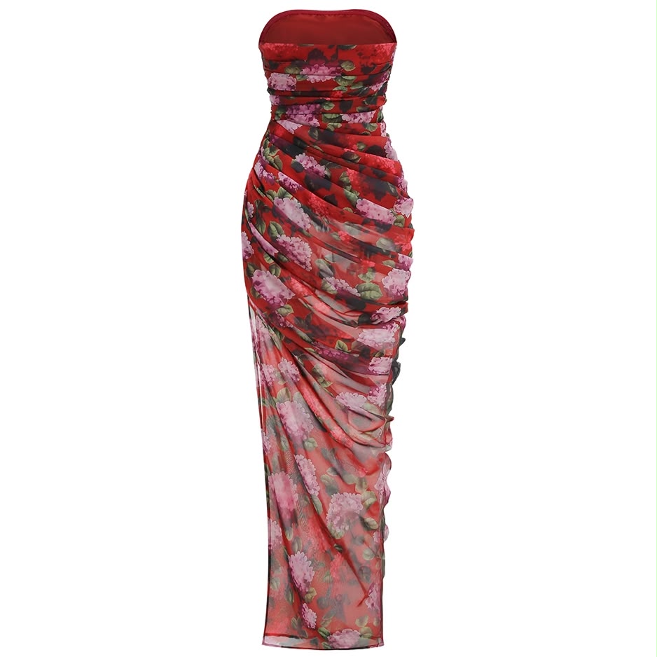 Red Floral Ruched Strapless Maxi Dress