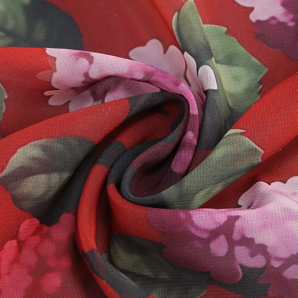 Red Floral Ruched Strapless Maxi Dress